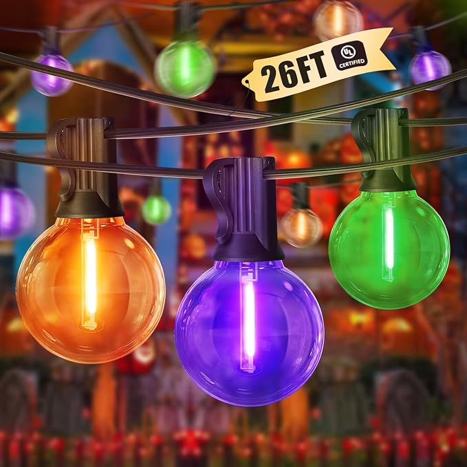 LAMPHOME Globe Outdoor Halloween String Lights,2 Pack 26FT Patio Lights with 12+1 Edison Shatterproof Bulbs, Connectable Dimmable Waterproof for Backyard Porch Halloween Decor, Orange Green Purple