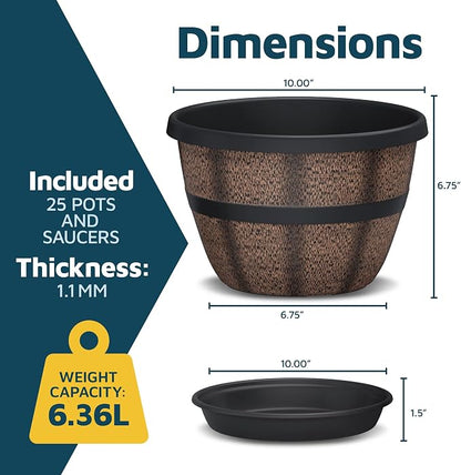 10-Inch Whiskey Barrel Planters Outdoor Pack of 25 - Durable Plastic Plant Pots for Indoor & Outdoor Use with Drainage & Saucer, Lightweight Rustic Barrel Planters for Flowers, Herbs & Small Plants