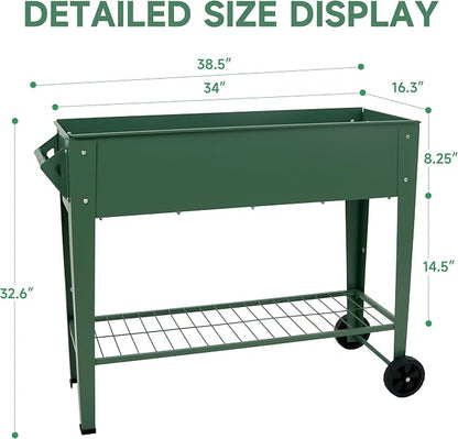 Raised Garden Bed with Legs and Wheels, Metal Outdoor, Green | Steel Frame, 400lb Capacity, 32in Tall No Bending, 2 Large Wheels, Bottom Shelf, Drainage Holes, Herb Vegetable Planter Box
