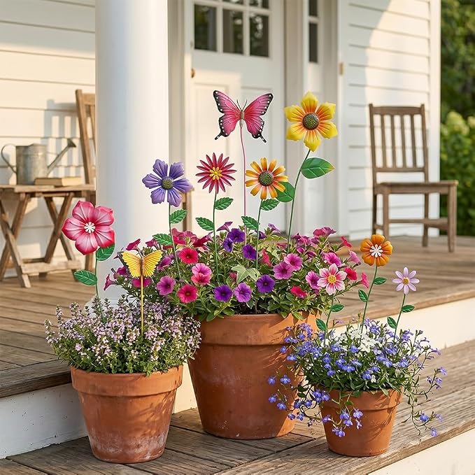 hogardeck Garden Decor for Outside, Set of 10 Metal Flowers Decorative Garden Stakes for Spring Decor, Yard Art Garden Decorations for Outdoor Lawn Porch Pathway (Multi-Color) (Color b)