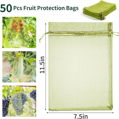 NIUBIER 50 Pcs Fruit Protection Bags, 8×12 in Green Fruit Nets for Fruit Tree, Drawstring Mesh Cover Bags to Protect Vegetables Tomato Strawberry Garden