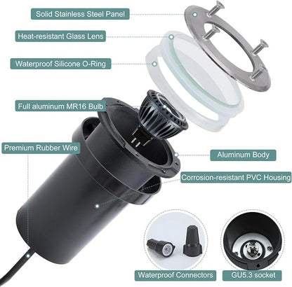 Gardencoin Low Voltage Landscape LED Well Lights, 12V in Ground Lights Outdoor IP67 Waterproof, 5" Tall Wired Landscape Up Lighting, Included Replaceable 5W 2700K MR16 Bulb Dimmable, 6 Pack