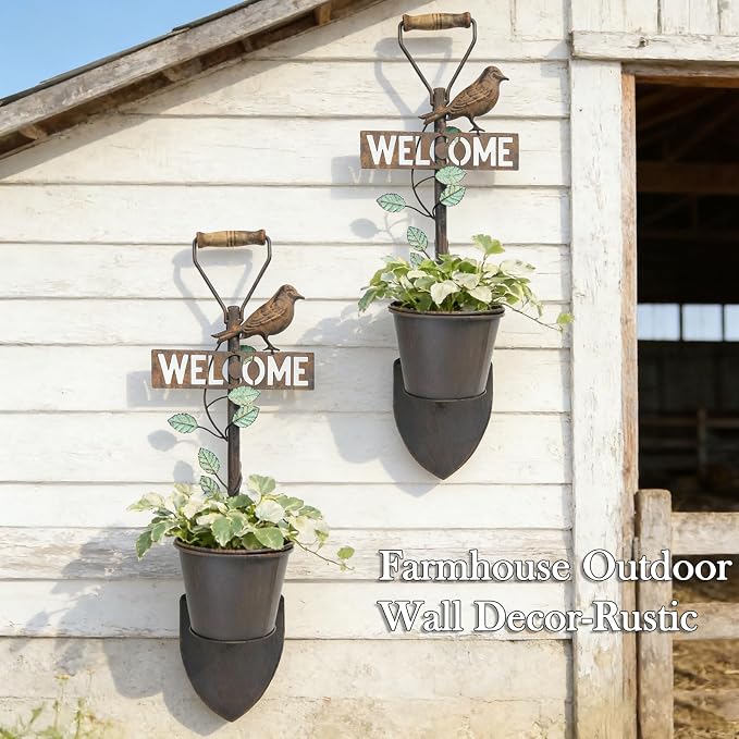 2Pcs Metal Wall Planter ,Vintage Wall Hanging Planter with Welcome Sign | wall decor; Rustic Farmhouse Wall Decor with Bird, Garden Wall Plant Holder for Porch Patio Entryway