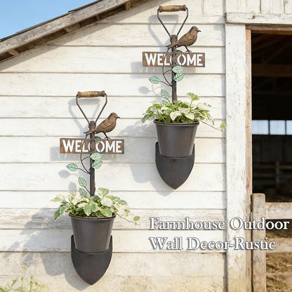 2Pcs Metal Wall Planter ,Vintage Wall Hanging Planter with Welcome Sign | wall decor; Rustic Farmhouse Wall Decor with Bird, Garden Wall Plant Holder for Porch Patio Entryway