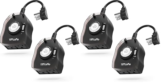 TiFFCOFiO Outdoor Timer Outlet for Lights, 24 Hour Mechanical, Outdoor Light Timer Waterproof, 2 Grounded Outlets for Home and Garden, 15A 1/2HP, Heavy Duty, CSA Listed (4 Pack)