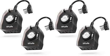 TiFFCOFiO Outdoor Timer Outlet for Lights, 24 Hour Mechanical, Outdoor Light Timer Waterproof, 2 Grounded Outlets for Home and Garden, 15A 1/2HP, Heavy Duty, CSA Listed (4 Pack)