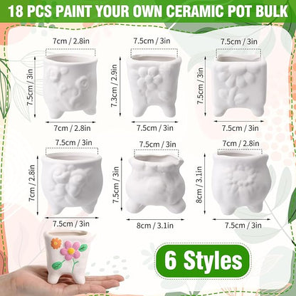 Leitee 18 Pcs Paint Your Own Ceramic Pot Bulk 3.1 in, Ready to Paint Small Pot Mini Succulent Planters Pottery Painting for Summer Classroom Craft Gift DIY Art Activity (Romantic Flowers)