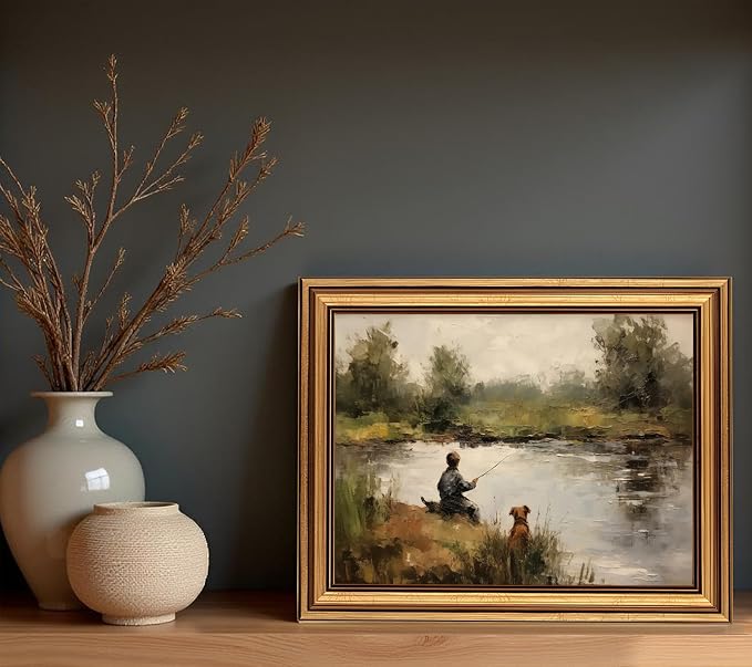 Devunaty Gold Framed Vintage Wall Art Boy Fishing Wall Decor Paintings Funny Dog and Boy Landscape Canvas Print Picture Retro Country Farmhouse Artwork for Kids Bedroom Living Room Decor 12"x16"