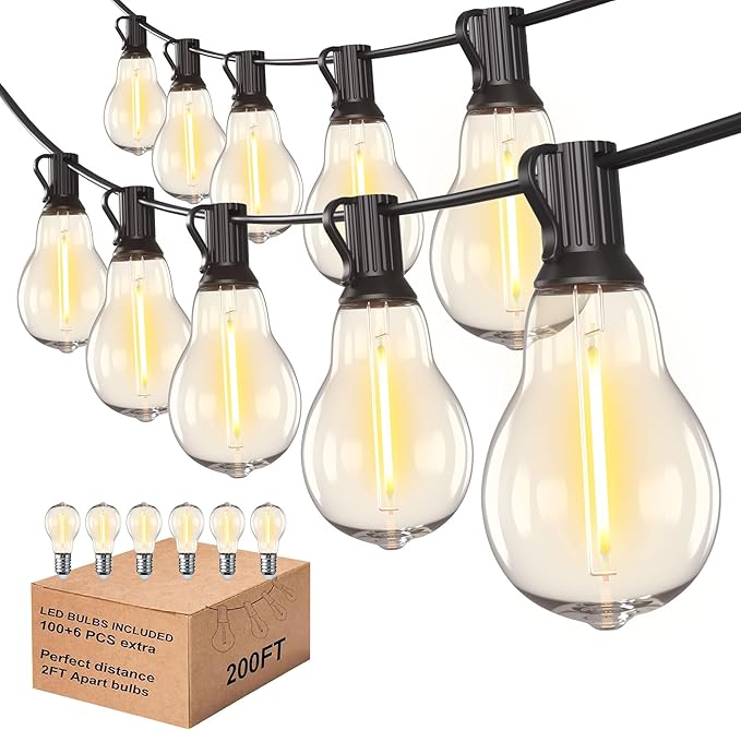 200FT Outdoor Lights with 106 Shatterproof Bulbs(6 Spare), IP45 Waterproof Outside String Lights, Patio String Lights Hanging for Party, Yard, Porch, Bistro, 2200K Adjustable Warm White Light
