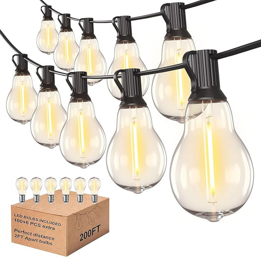 200FT Outdoor Lights with 106 Shatterproof Bulbs(6 Spare), IP45 Waterproof Outside String Lights, Patio String Lights Hanging for Party, Yard, Porch, Bistro, 2200K Adjustable Warm White Light