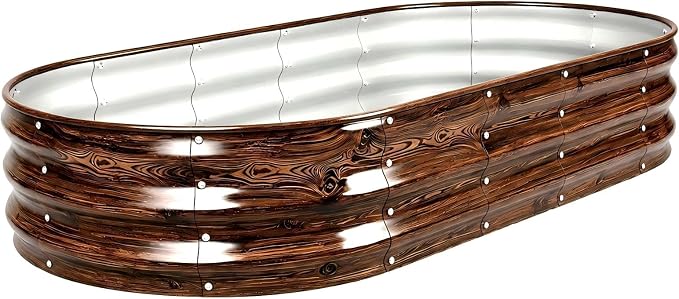 6×3×1 FT Galvanized Raised Garden Bed,Outdoor Planter Box Metal Patio Kit Planting Bed for Vegetables Flowers Herb,Wood Grain Brown, Oval Open-Bottom Design, 12-Inch Deep