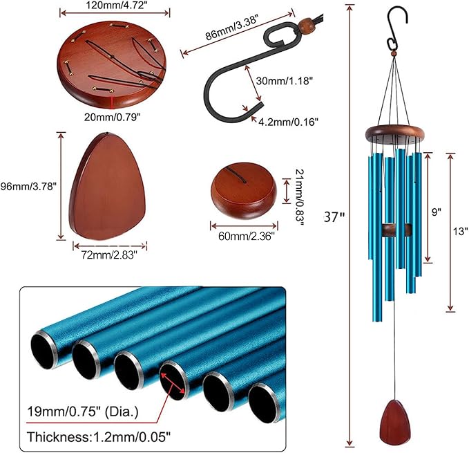 37 Inch Large Aluminum Wind Chimes, Serene Blue with Deep Tone and Wood Top, Outdoor Decor for Garden Patio Backyard Porch, Birthday Housewarming Gift