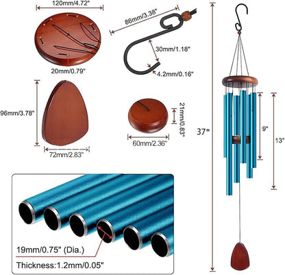 37 Inch Large Aluminum Wind Chimes, Serene Blue with Deep Tone and Wood Top, Outdoor Decor for Garden Patio Backyard Porch, Birthday Housewarming Gift