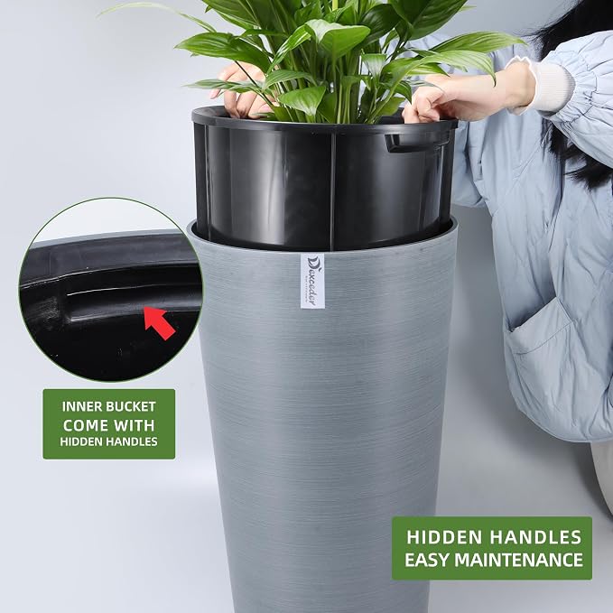 Dexceder 22x13 Self Watering Tall Planter (Gray, Wire Drawing) | High Cylinder, Thickened Large Floor Standing Flower Plant Pot with Water Level Indicator Indoor Outdoor