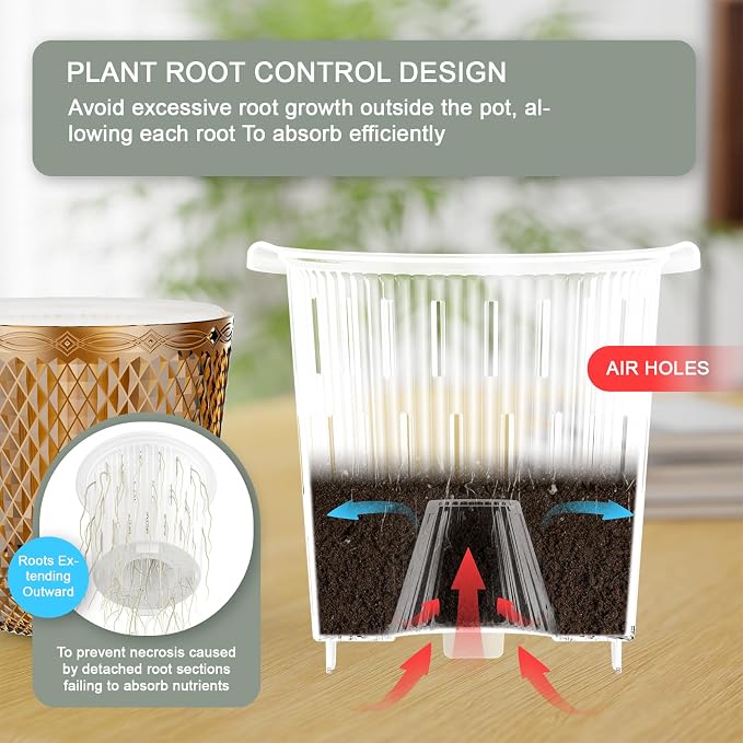 QCQHDU Hanging Planters for Indoor Plants, 2-Pack, 5.7 Inch, Gold | Plastic, Self Watering Plant Hanger, with Drainage Holes, 3 Hooks Chains, For Garden Home