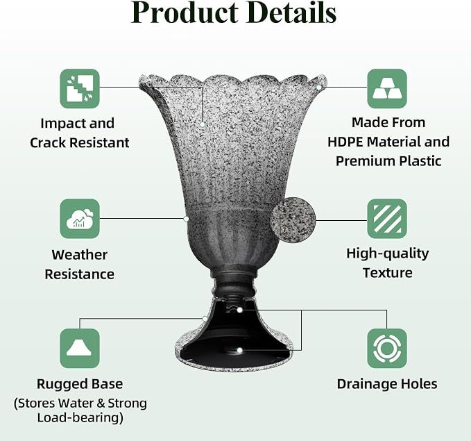 23.6" Tall Plastic Urn Planters for Outdoor Plants with Drainage Holes & Petal Design, Set of 2 Sturdy Base Classic Indoor Large Flower Pots, Outdoor Planters for Porch/Home/Garden, Slate Gray