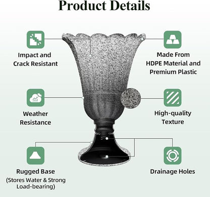 23.6" Tall Plastic Urn Planters for Outdoor Plants with Drainage Holes & Petal Design, Set of 2 Sturdy Base Classic Indoor Large Flower Pots, Outdoor Planters for Porch/Home/Garden, Slate Gray