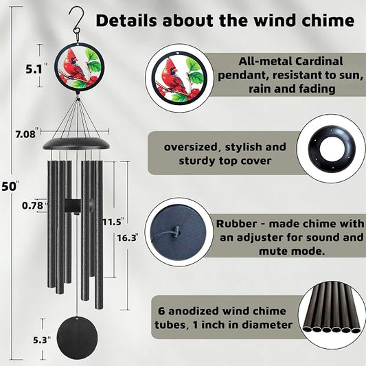 50" Cardinal Wind Chimes for Outside,Cardinal Gifts,with 6 Thick Aluminum Tubes, Soothing Deep Tone Suitable for Garden Decoration, Sympathy Gifts to Comfort Grief and Honor Loved Ones