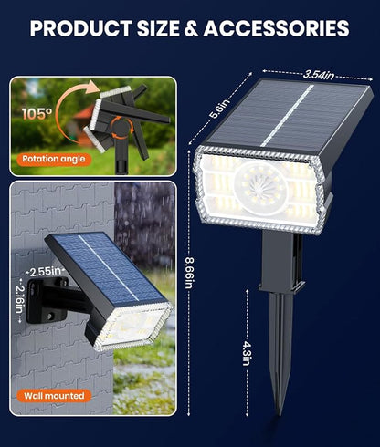 2-Pack Solar Lights Outdoor Waterproof IP67, 3 Color Modes (Warm/Cool White & Hybrid) with 3 Lighting Modes, 105° Adjustable Dusk to Dawn Solar Spotlights for Pathway/Garden/Yard Wall/Ground Lighting