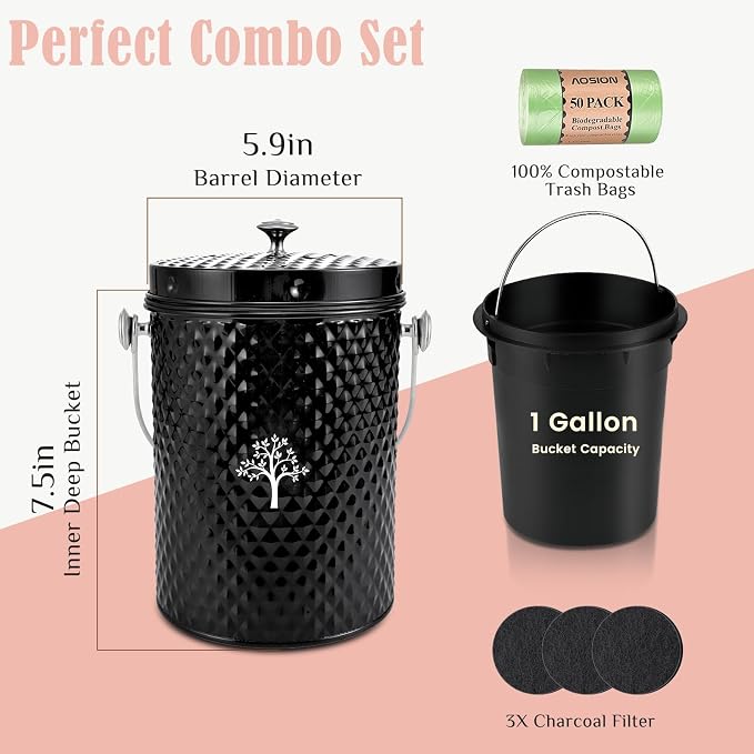 AOSION Countertop Compost Bin, Odor-Free Food Waste Container with 50 Bags | 1 Gallon Container,2 Carbon Filters,Compost Bucket, coffee grounds