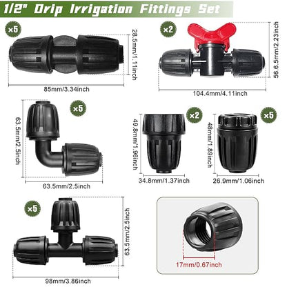 24 Pack 1/2 Inch Drip Irrigation Fittings Kits, 3/4" to 1/2" Adapter and Tee | Elbow | Coupler Connectors | End Caps | Shut Off Valve for 1/2" Drip Irrigation Tubing, Anti-Leak Drip Irrigation Parts