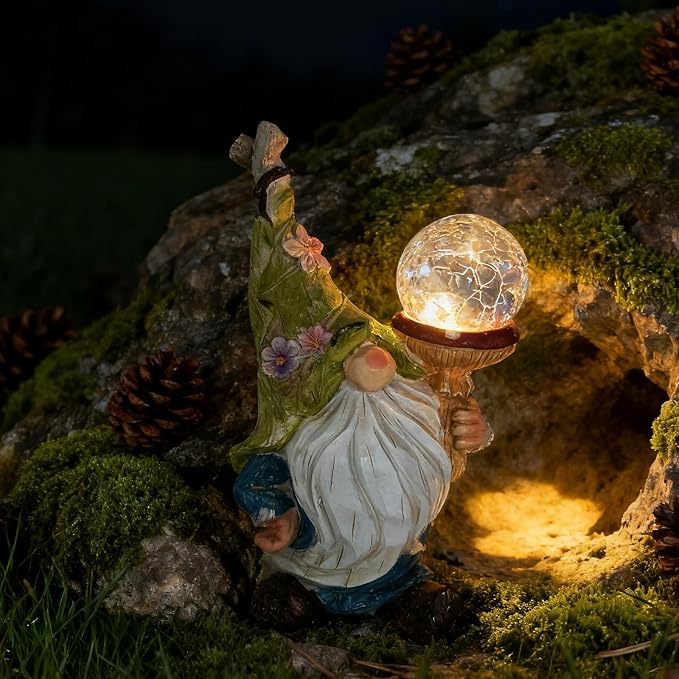 Garden Gnome Solar Light StatueOutdoor Decorative Statue | Gnome With Crackle Glass Globe, Blue & White Floral Design, Waterproof LED Yard Art for Patio, Lawn, Garden,Gift for Women