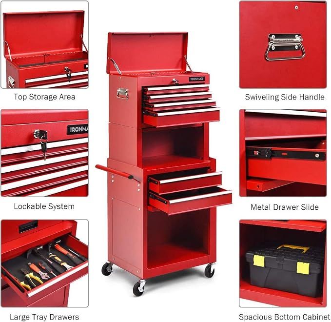ARLIME 6-Drawer Rolling Tool Chest, Tool Storage Cabinet W/Sliding Drawers, Detachable Top Box & Locking System, Removable Toolbox Organizer for Garage & Warehouse (Red)