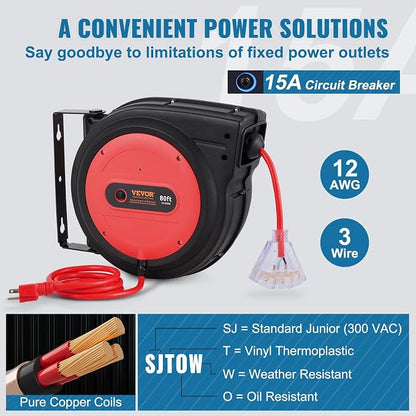 VEVOR 80FT Retractable Extension Cord Reel, 12AWG/3C SJTOW Heavy Duty Power Cord w/Lighted Electrical Triple Tap Outlets, 15A Circuit Breaker,180° Swivel Bracket for Workshop or Garage, Red