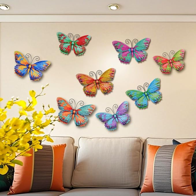 Junware 8 Pcs Metal Butterfly Wall Decor - 7.5" Outdoor Fence Wall Art, Hanging Decoration for Garden Yard Living Room Bedroom Patio Balcony (Butterfly-D)