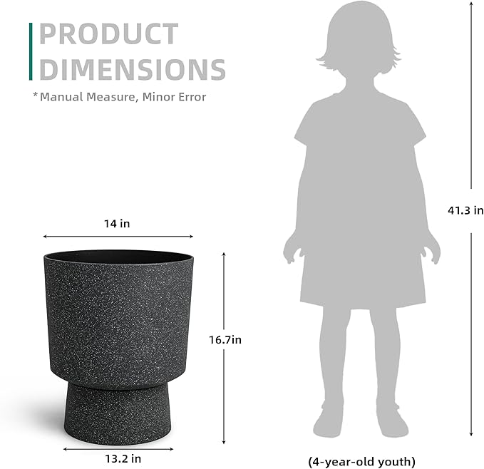 2-Pack 16.8" Black Terrazzo Pedestal Planters with Drainage Holes | Set of 2 PP pedestal planters with black terrazzo finish, drainage plugs, and weather-resistant surface for porch or patio