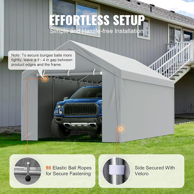 VEVOR Carport Replacement Canopy Cover Top + Side Wall 12 x 20 ft, Garage Tent Shelter Tarp Heavy-Duty Waterproof & UV Protected, Easy Installation with Ball Bungees,Grey (Frame Not Included)