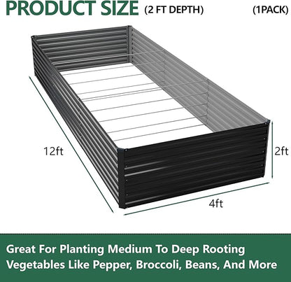 Vengarus 12x4x2ft Galvanized Raised Garden Bed,Metal Raised Beds Kit Black | 2FT Deep Root Elevated Garden Planter Box, Corrugated Steel, Open Bottom, Rustproof All Weather, Large Vegetable Flower Bed