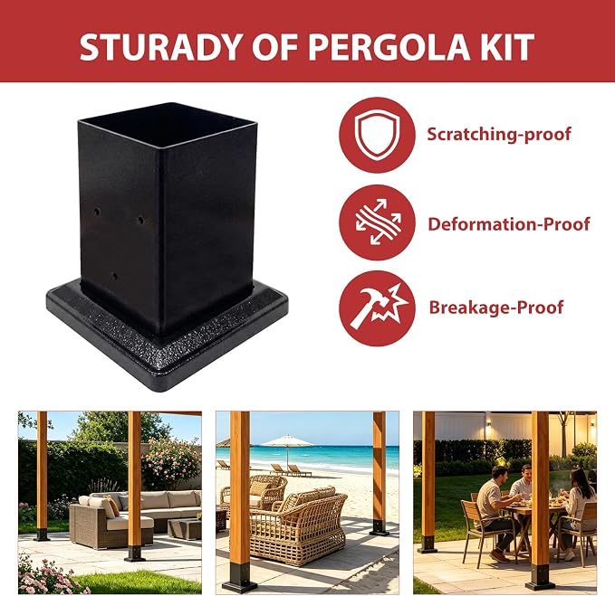 4 Pack 4x4 Post Base with Decorative Cover, Heavy Duty Iron Post Base, 3.6" x 3.6" Inner Size, Black Powder Coated Deck Post Base for Concrete, Pergola, Fence, Porch Railing, Gazebo