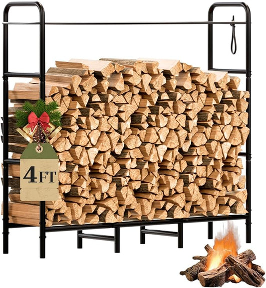 Firewood Rack 4FT Heavy Duty Metal, Outdoor Indoor Log Holder Stand for Fireplace Wood Storage, Wood Pile Stacker Organizer for Patio, Black