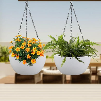 Meowell 8 inch Small Hanging Planters for Indoor Outdoor Plants, 2 Pack Hanging Flower Pots with Drainage Holes and Chain for Garden Porch, Plastic Hanging Baskets for House Plants, White