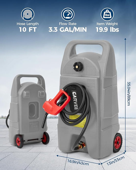 Garvee Slim 15 Gallon Gas Can, Fuel Tank Container with LE Fluid Transfer Manual 10 FT Siphon Pump, Portable Diesel Gas Storage Caddy Wheels for ATV, Weeder, Boat, Tractor, Snow Blower,Generator