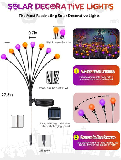 Halloween Decororations Outdoor Solar Firefly Lights 6 Pack Orange Purple | 2 Lighting Modes, Auto On/Off, 48 LED Sway with Wind, Waterproof Halloween Cpreepy Decor for Outside Graveyard Garden Pathway