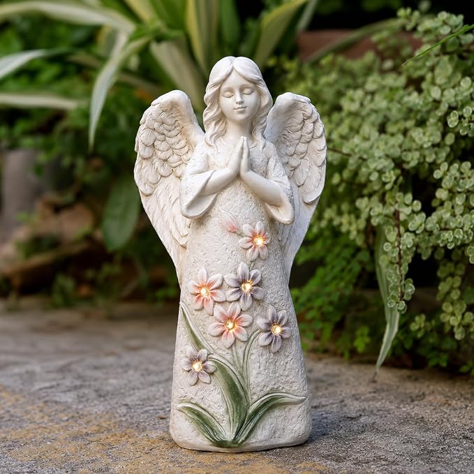 Garden Angel Statues Outdoor Decor 9.6 inches 6 LED Lights Solar Outdoor Sculptures for Outside Yard Art Patio Balcony Front Lawn Ornaments Gifts for Mom Grandma Women
