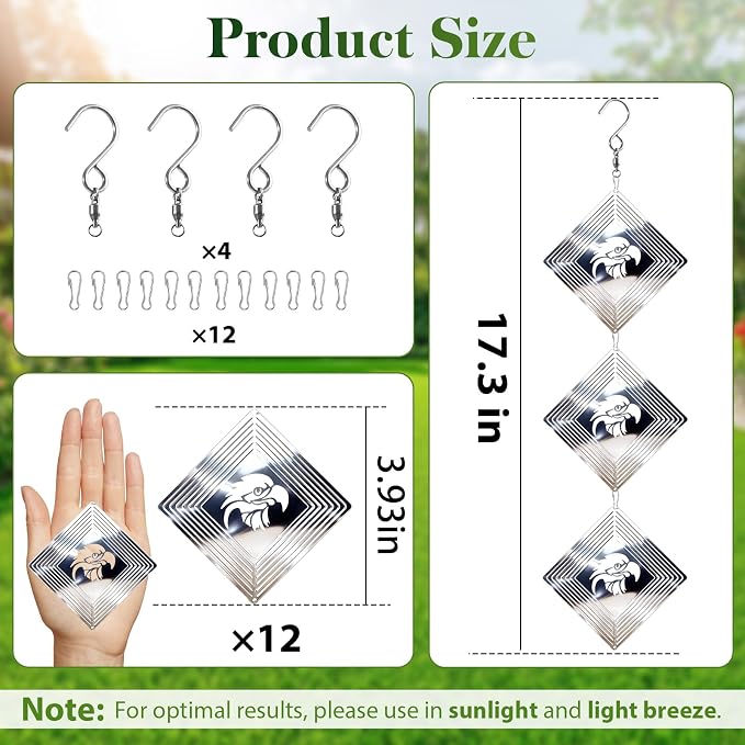 CHONOVO Bird Deterrents for Outside, 12 Discs 4 Set Reflective Eagle Wind Spinners, 3D Bird Scare Devices to Keep Woodpecker Pigeon Away, Outdoor Hanging Bird Reflectors for Patio, Roof, Garden, Yard