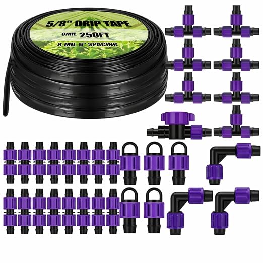 Tondiamo 250' 5/8 Inch Drip Tape Irrigation Tubing Kit 8 Mil 6" Spacing Garden Hose Watering Tube Line Automatic Equipment for Garden Irrigation System Farms, Landscape, Lawn