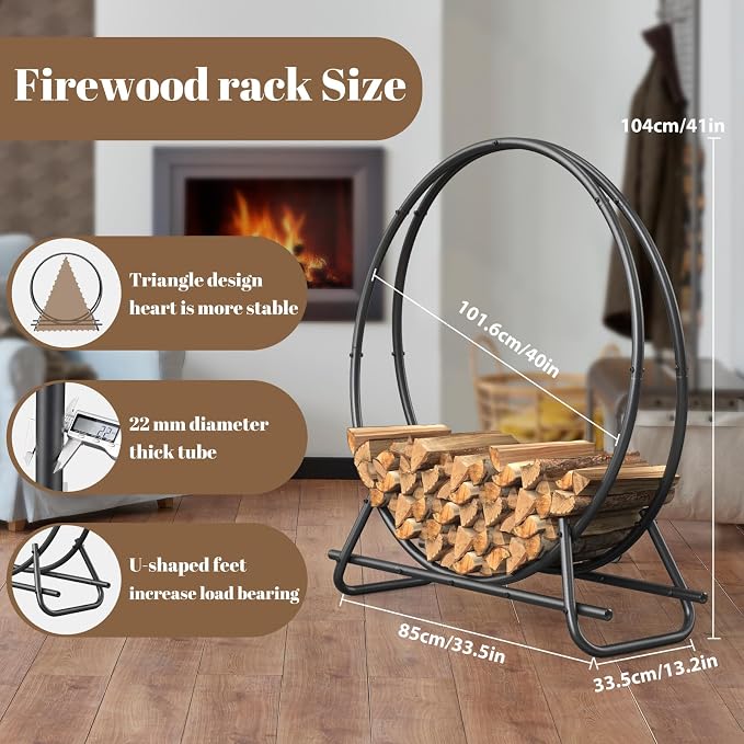 40 IN Firewood Circle Rack-Metal Pipe Ring Firewood Holder Outdoor / Indoor | Sturdy & Durable,Aesthetic Appearance and Space-Saving Design for Fireplace,Campfire or Backyard Storage,3.3FT Diameter