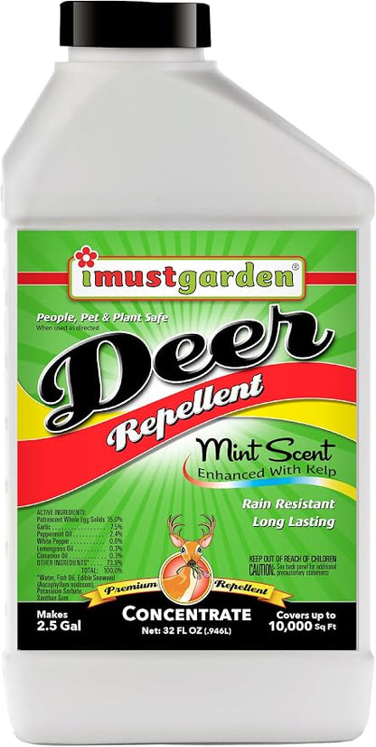 I Must Garden Deer Repellent Concentrate – 32oz: Mint Scent Deer Spray for Plants – Natural Ingredients - Makes 2.5 Gallons & Covers 10,000 sq ft