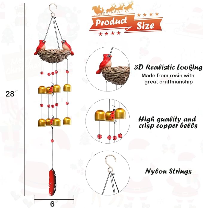 Taman Wind Chime for Outside - 27.5" Cardinals Wind Bell Valentine's Day Gift for Outdoor Decorative Memorial Sympathy Xmas Gift for Home, Outdoor, Yard, Patio,Garden Christmas Decor