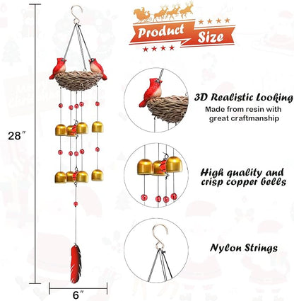 Taman Wind Chime for Outside - 27.5" Cardinals Wind Bell Valentine's Day Gift for Outdoor Decorative Memorial Sympathy Xmas Gift for Home, Outdoor, Yard, Patio,Garden Christmas Decor