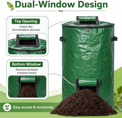 2PCS Compost Bin Outdoor with Window, 127L Garden Compost Bin Bags, Large Outdoor Collapsible Compost Bin, 34 Gallon Reusable Garden Yard Waste Bag for Yard Waste, Kitchen Scraps & Worm Compost