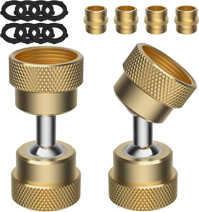 2 Pack Swivel Metal Garden Hose Adapter, 3/4" Hose-Protect with 4 Adapters | Brass Pipe Kink Protection, 3/4" Male Connectors, Outdoor Faucet to Garden Hose, Dual Female Big Angle Rotation at Both Ends