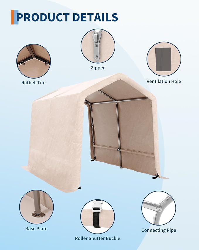 GarveeLife Outdoor Portable Storage Shed with Roll-Up Door & Vent, 240G Heavy-Duty Shelter Waterproof PE Tarp, UV-Resistant Storage Sheds for Motorcycle, Firewood, Garden and Tools (Khaki, 7'x10')