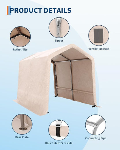 GarveeLife Outdoor Portable Storage Shed with Roll-Up Door & Vent, 240G Heavy-Duty Shelter Waterproof PE Tarp, UV-Resistant Storage Sheds for Motorcycle, Firewood, Garden and Tools (Khaki, 7'x10')