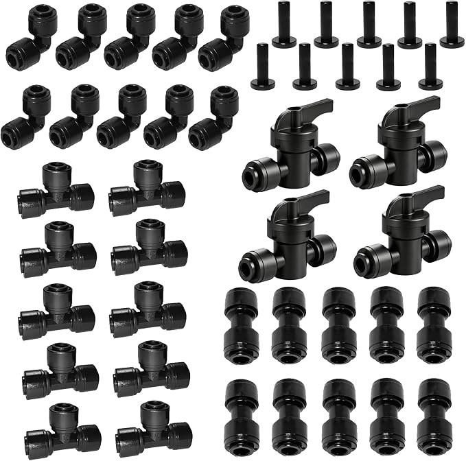 44 Pcs 1/4" Quick Connect Drip Irrigation Fittings Kit for for Gardens | with 4 Shut Off Valve,10 Tees,10 Couplings,10 Elbows & 10 End Plugs,for Garden Irrigation Systems