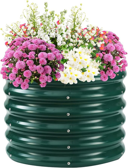 TBMLC 17" Tall Elevated Round Metal Rised Garden Bed- 2'x2' in Size and 0.8MM Thick Durable Planter Box for Vegetables Flowers Succulent at Patio/Garden Outdoor (Dark Green, 2FT Diameter)